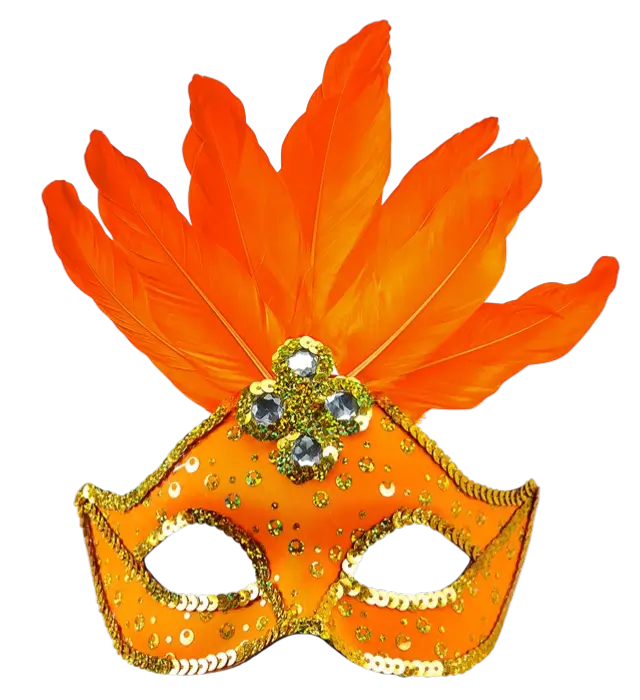 Carnaval Loup Masker Brazilië Neon Oranje met Gouden Pailletten en Veren – Kostuum Accessoire