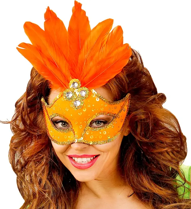 Carnaval Loup Masker Brazilië Neon Oranje met Gouden Pailletten en Veren – Kostuum Accessoire