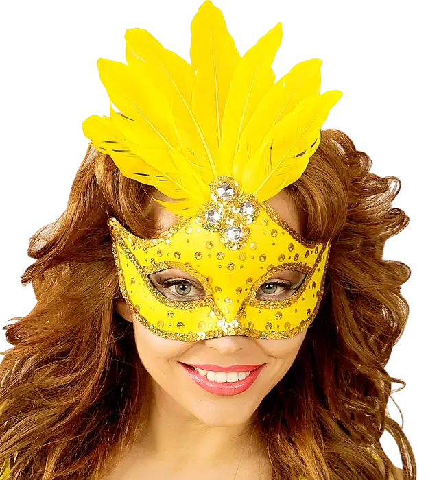 Carnaval Loup Masker Brazilië Neon Geel met Gouden Pailletten en Veren – Kostuum Accessoire