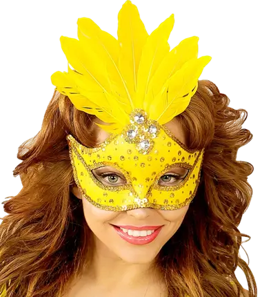 Carnaval Loup Masker Brazilië Neon Geel met Gouden Pailletten en Veren – Kostuum Accessoire