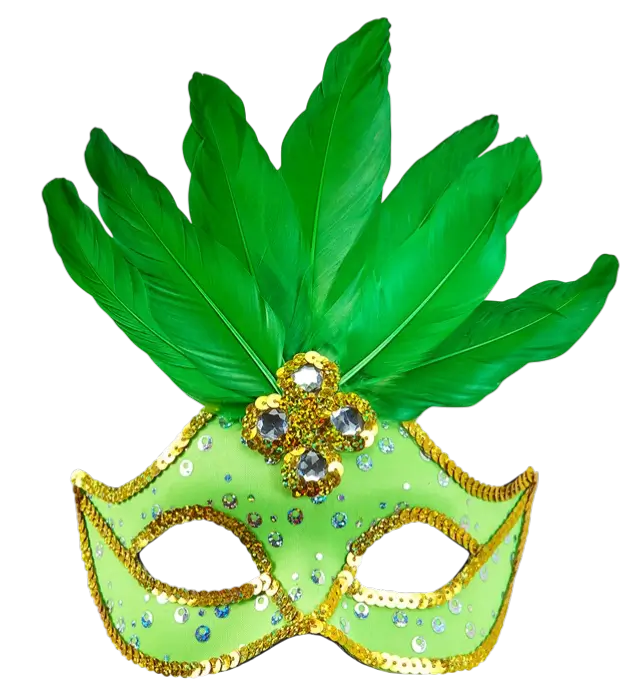 Carnaval Loup Masker Brazilië Neon Groen met Gouden Pailletten en Veren – Kostuum Accessoire