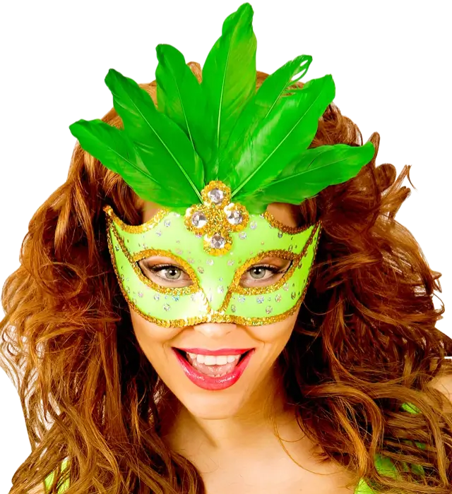 Carnaval Loup Masker Brazilië Neon Groen met Gouden Pailletten en Veren – Kostuum Accessoire