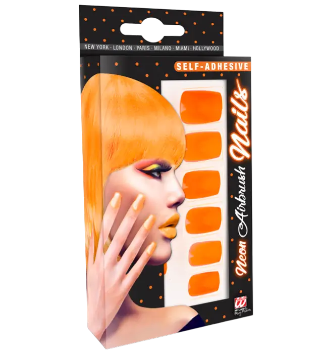 Set van 12 Neonoranje Zelfklevende Kunstnagels met Nagellak Effect – Manicure Nagels
