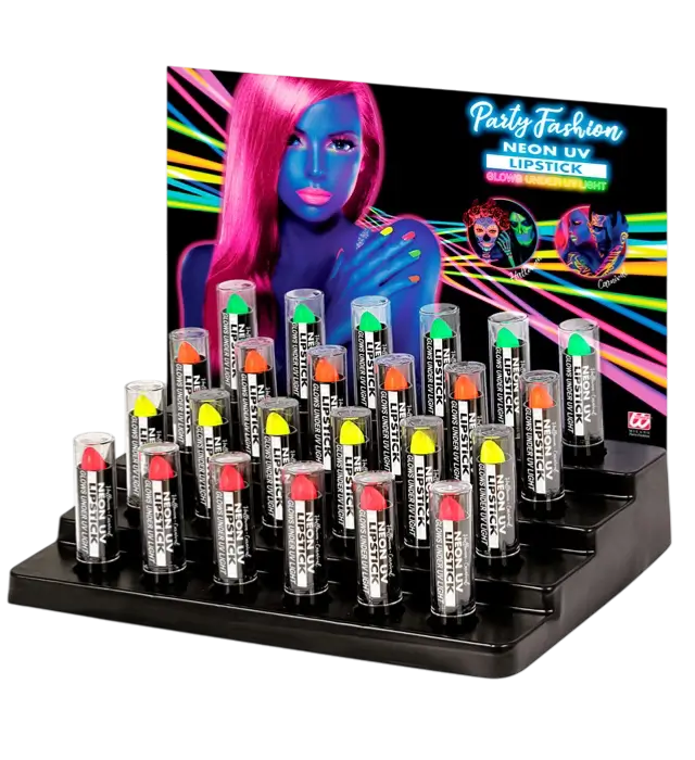 Displaydoos met 24 Fluor Lippenstiften 6 ml – Roze, Geel, Groen, Oranje Neon – Schmink voor Kostuum