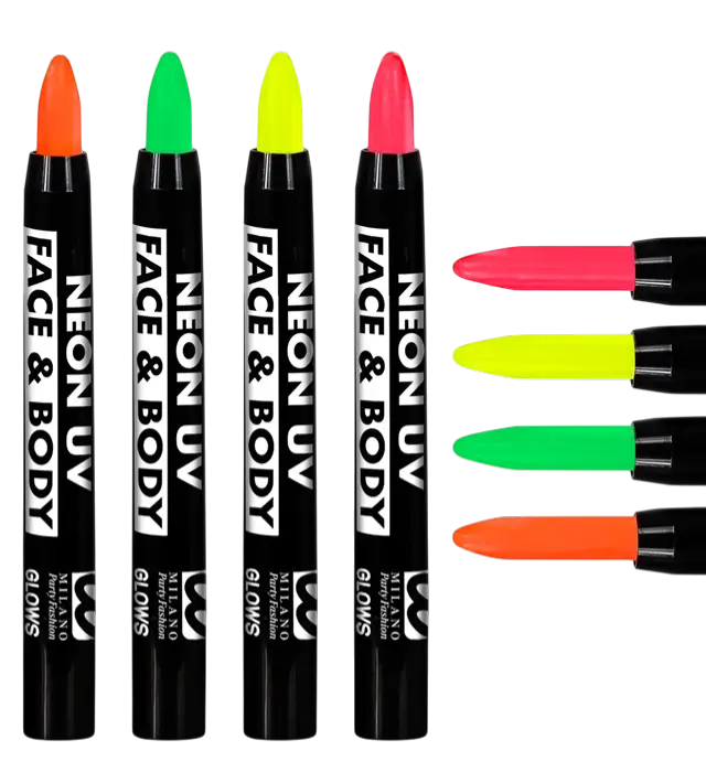 Displaydoos met 24 Fluor Schminkpotloden 3,5 ml – Roze, Geel, Groen, Oranje Neon – Schmink voor Kostuum