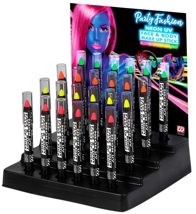 Displaydoos met 24 Fluor Schminkpotloden 3,5 ml – Roze, Geel, Groen, Oranje Neon – Schmink voor Kostuum