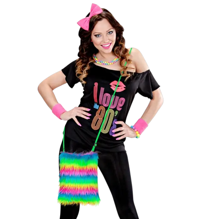 Handtas van Neon Regenboog Kunstbont – Pop Disco Kostuum Accessoire