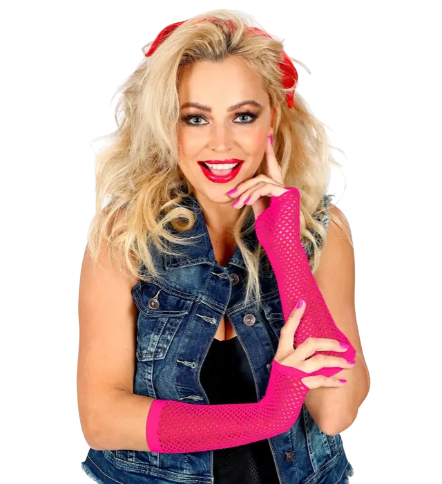 Neon Roze Net Handschoenen 33 cm – Jaren 80 Kostuum Accessoire