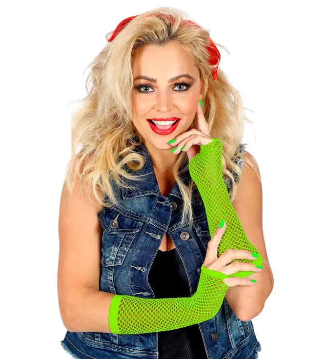 Neon Groene Vingerloze Net Handschoenen 33 cm – Jaren 80 Kostuum Accessoire