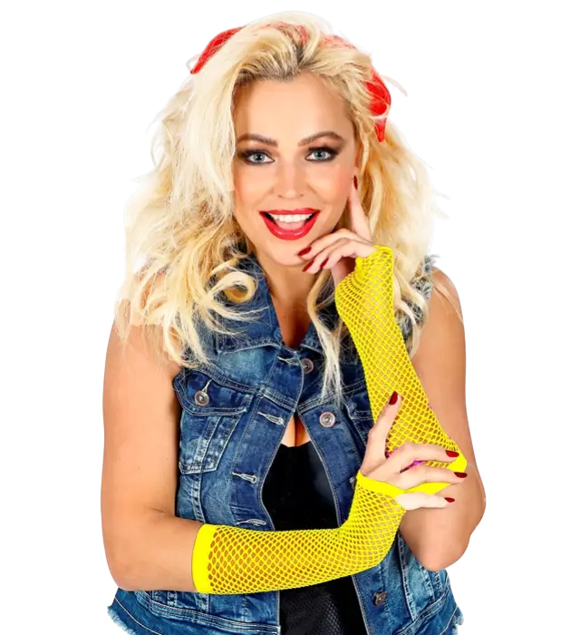 Neon Gele Vingerloze Net Handschoenen 33 cm – Jaren 80 Kostuum Accessoire