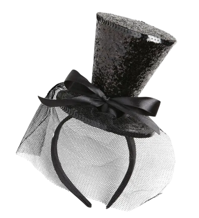 Mini Zwarte Pailletten Hoed op Haarband met Strik en Sluier – Cabaret Kostuum Accessoire