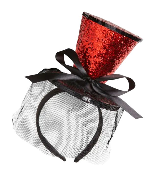 Mini Rode Pailletten Hoed op Haarband met Strik en Sluier – Cabaret Kostuum Accessoire