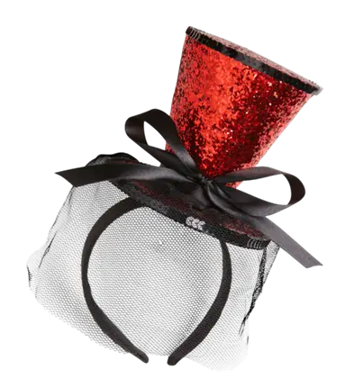 Mini Rode Pailletten Hoed op Haarband met Strik en Sluier – Cabaret Kostuum Accessoire