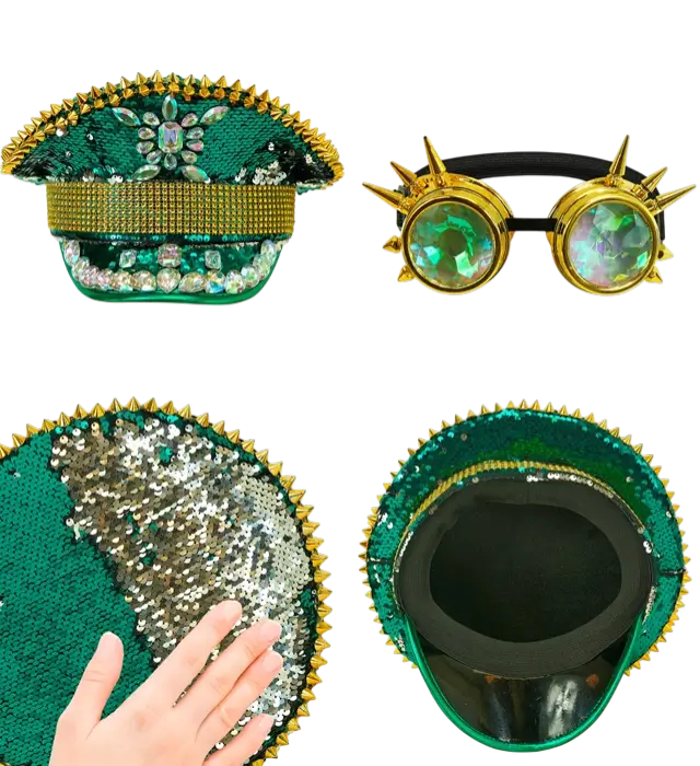 Groene Festival Pet met Stekels, Sieraden en Kaleidoscoop Bril met Pailletten – Kostuum Accessoire