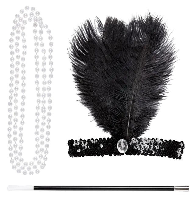 "CHARLESTON (hoofdband met lovertjes, halsketting, sigarettenhouder)