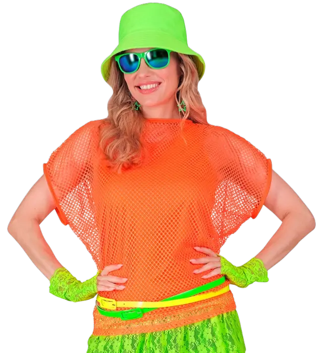 Neon Oranje Netshirt – Disco Kostuum Shirt Jaren 80