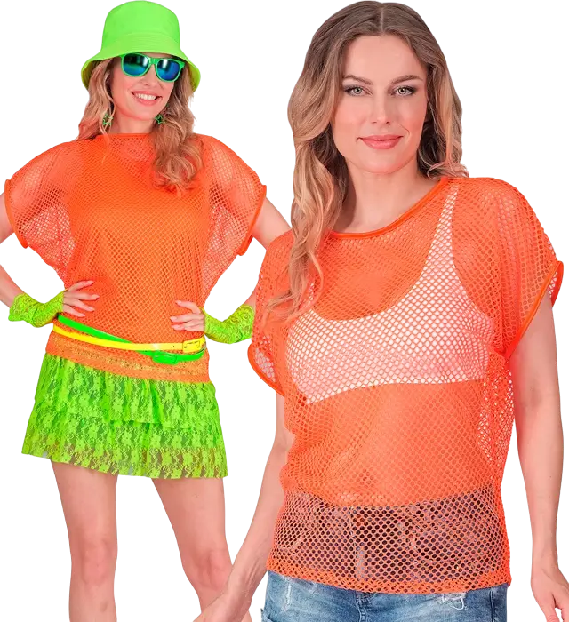 Neon Oranje Netshirt – Disco Kostuum Shirt Jaren 80