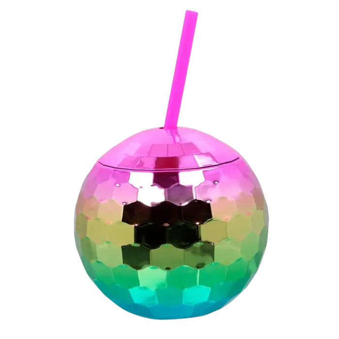 Disco bal beker met regenboog rietje 600ml