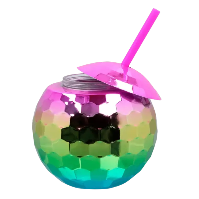 Disco bal beker met regenboog rietje 600ml