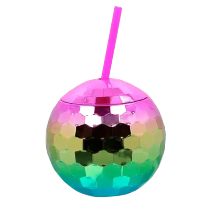 Disco bal beker met regenboog rietje 600ml