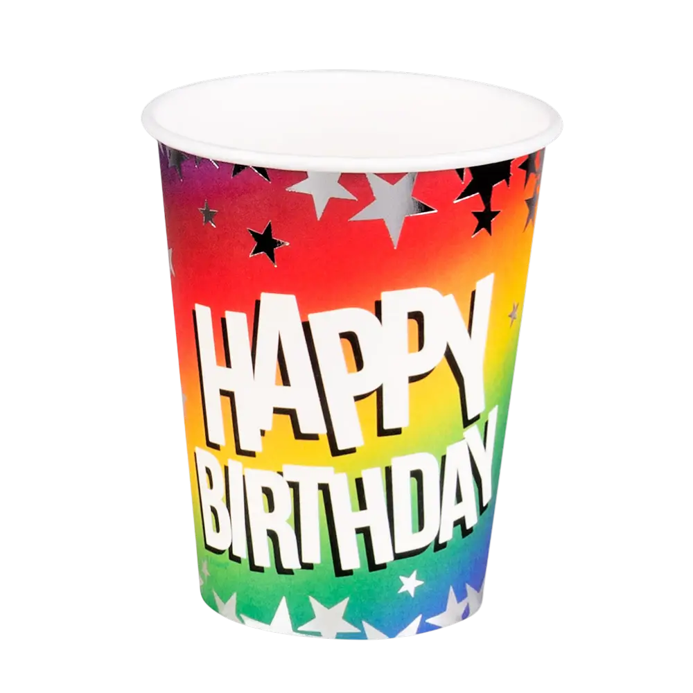 Set van 10 papieren Rainbow 'Happy birthday'-bekers 25cl