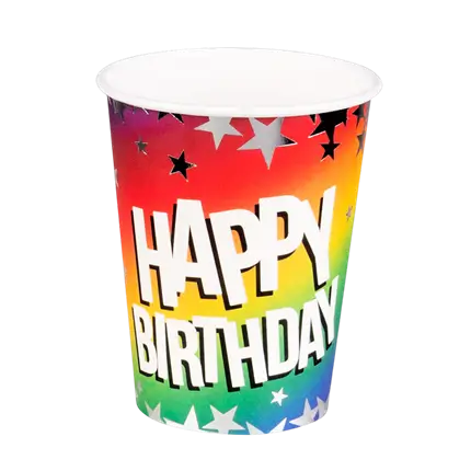 Set van 10 papieren Rainbow 'Happy birthday'-bekers 25cl