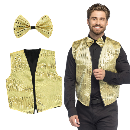 Pailletten gilet en vlinderstrik “Spangles” – Maat M/L – Goud