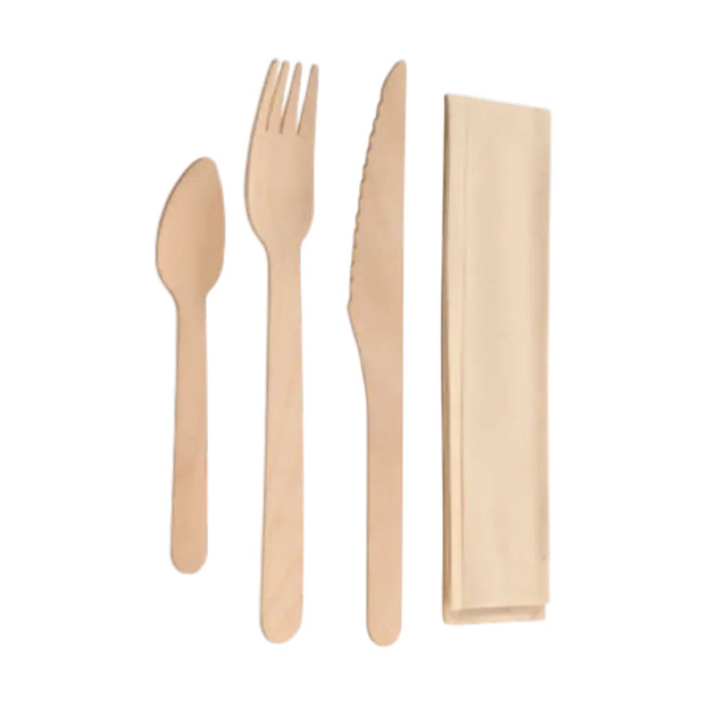 Set van 4 houten besteksets + kraftverpakking (verpakking van 100)