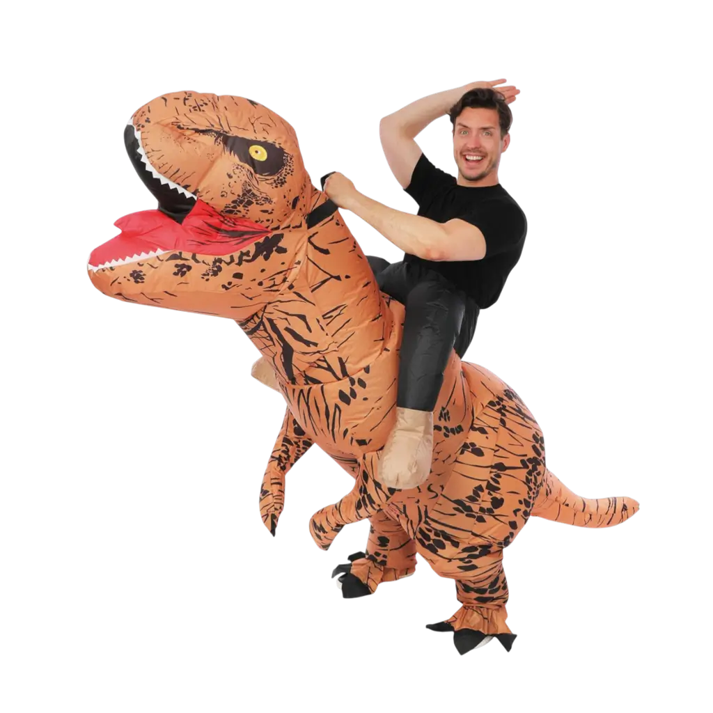 Opblaasbare dinosaurus vermomming met volwassen ruiter - één maat feestelijk kostuum
