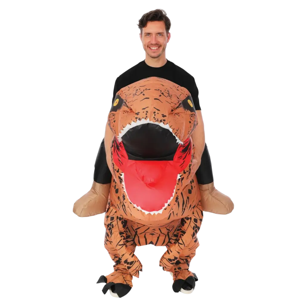 Opblaasbare dinosaurus vermomming met volwassen ruiter - één maat feestelijk kostuum
