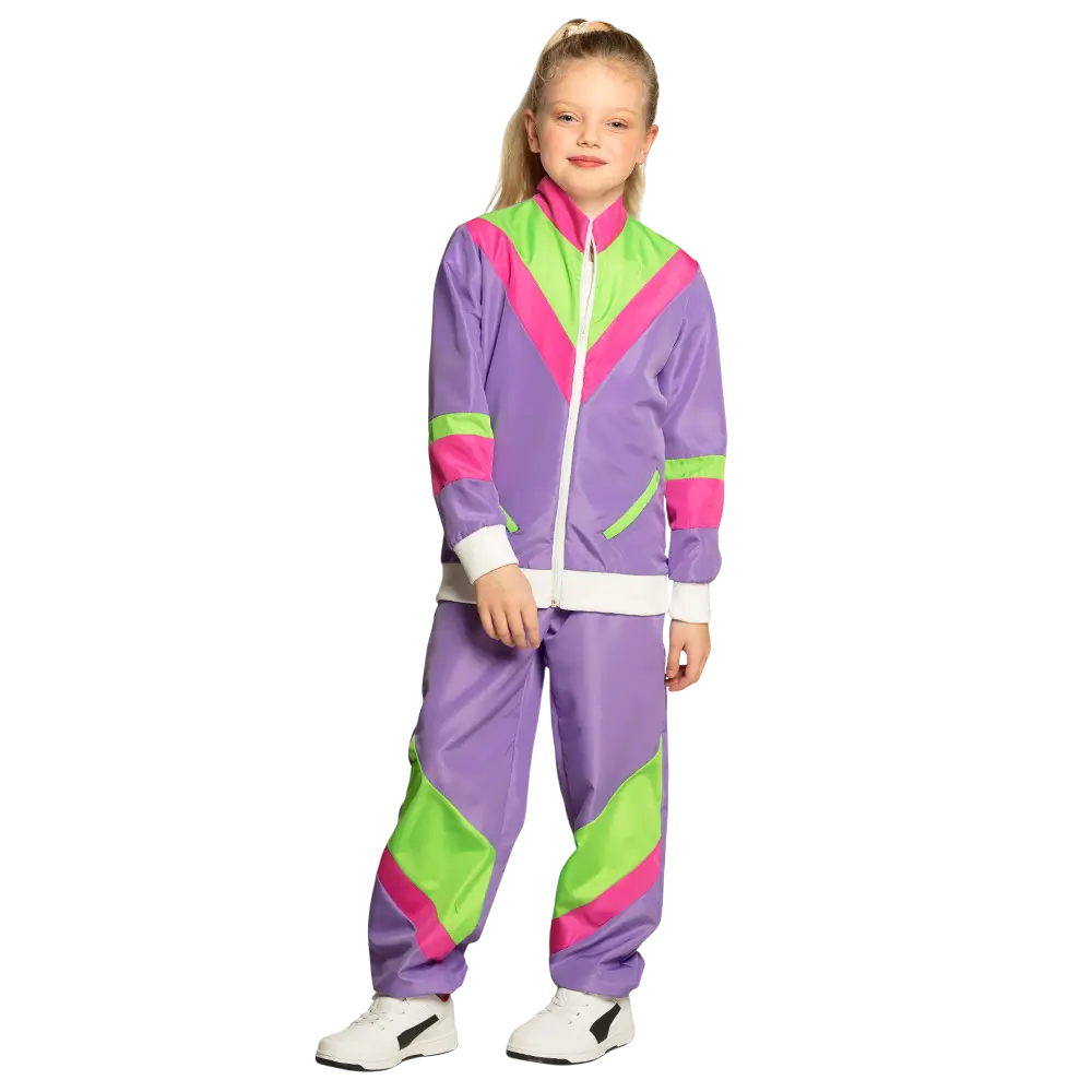 Verkleed neon paars retro trainingspak voor kinderen - 7-9 jaar