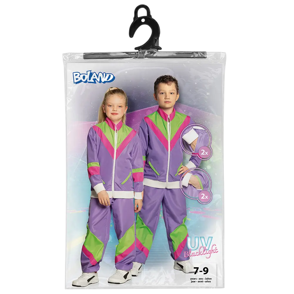 Verkleed neon paars retro trainingspak voor kinderen - 7-9 jaar