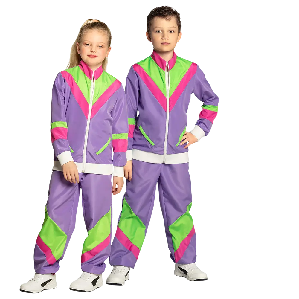 Verkleed neon paars retro trainingspak voor kinderen - 10-12 jaar