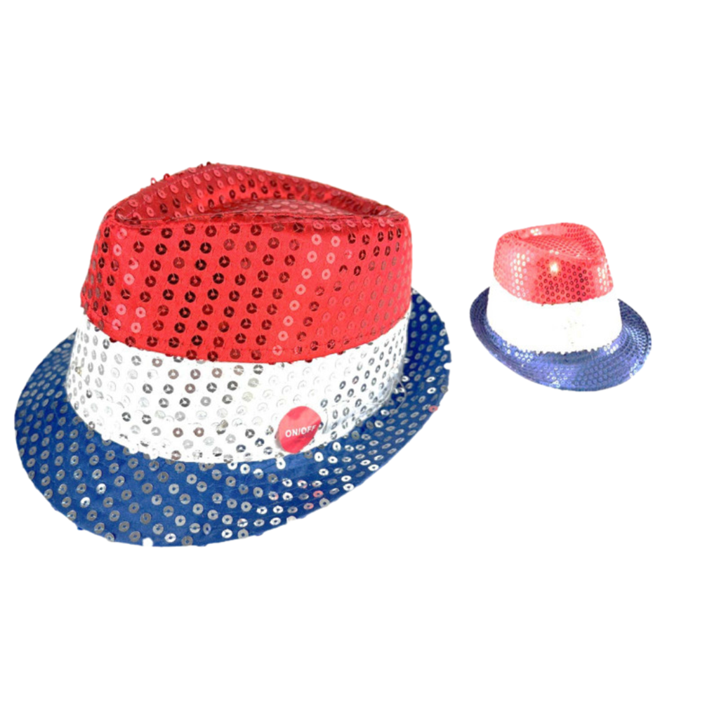 Blauw wit rood knipperende LED Pailletten hoed 3 LR44 batterijen inbegrepen