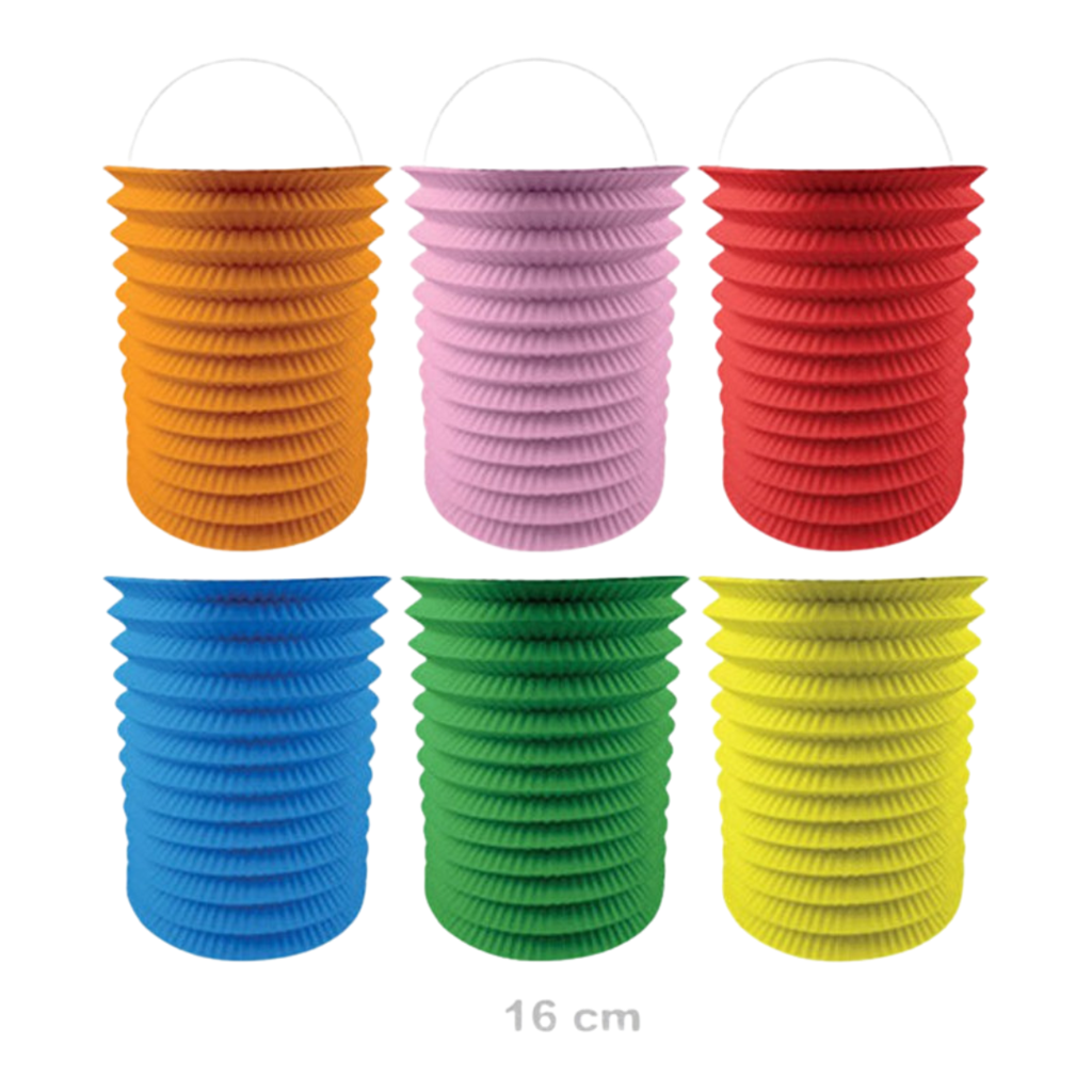 12 gekleurde papieren lampions - 16 cm