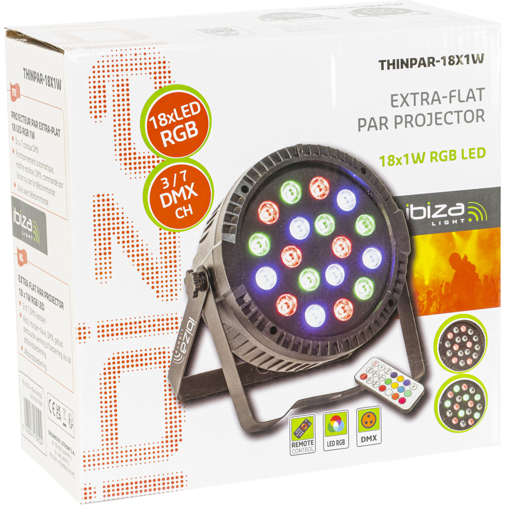 Projector PAR EXTRA-PLAT - 18 Leds RGB 1W (6 rood, 6 groen, 6 blauw) - Ibiza licht