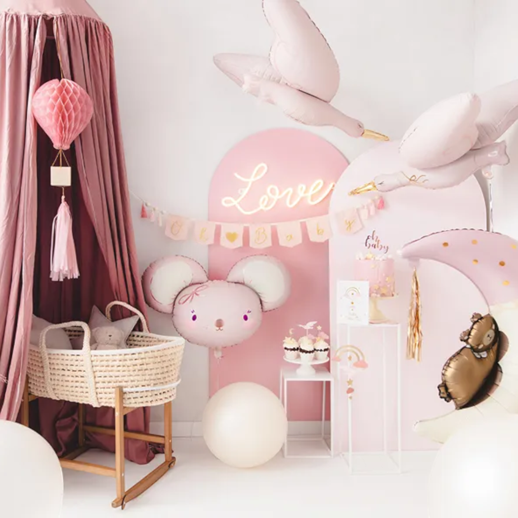Aluminium ballon Cigogne, 103 x 60 cm, felroze