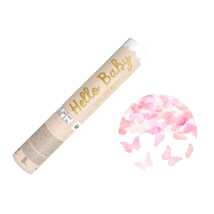 Gender Reveal confetti kanon met roze vlinders 20 cm