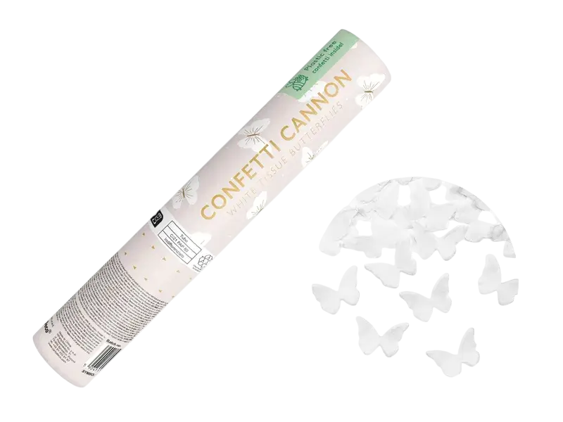 Confetti kanon met witte vlinders 20 cm