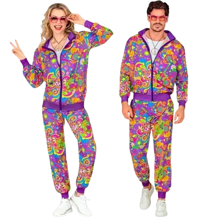 Fluorescerende flower power hippie jumpsuit - S