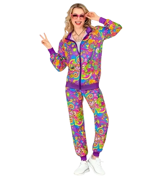 Fluorescerende flower power hippie jumpsuit - L
