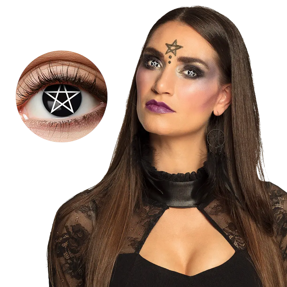 Zwarte contactlenzen met wit pentagram en heks – Halloween-contactlenzen