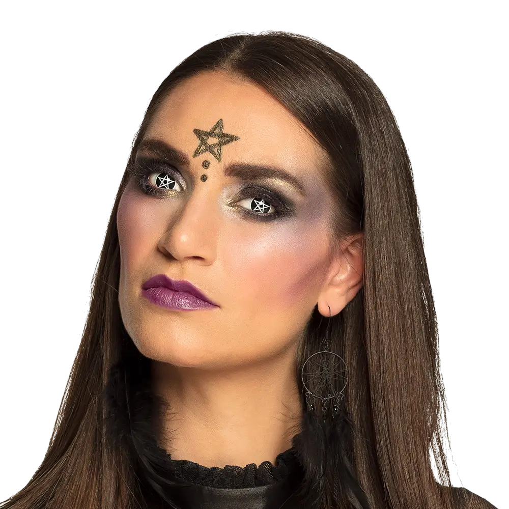 Zwarte contactlenzen met wit pentagram en heks – Halloween-contactlenzen