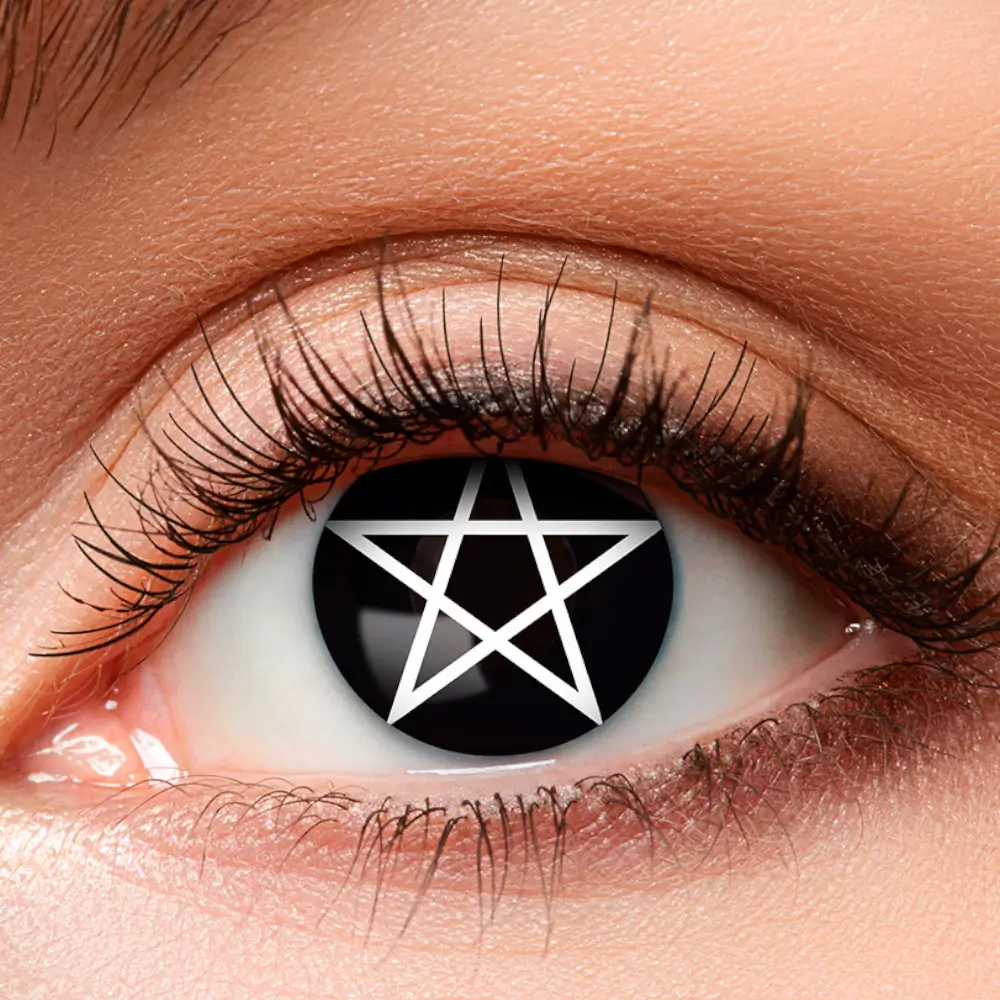 Zwarte contactlenzen met wit pentagram en heks – Halloween-contactlenzen