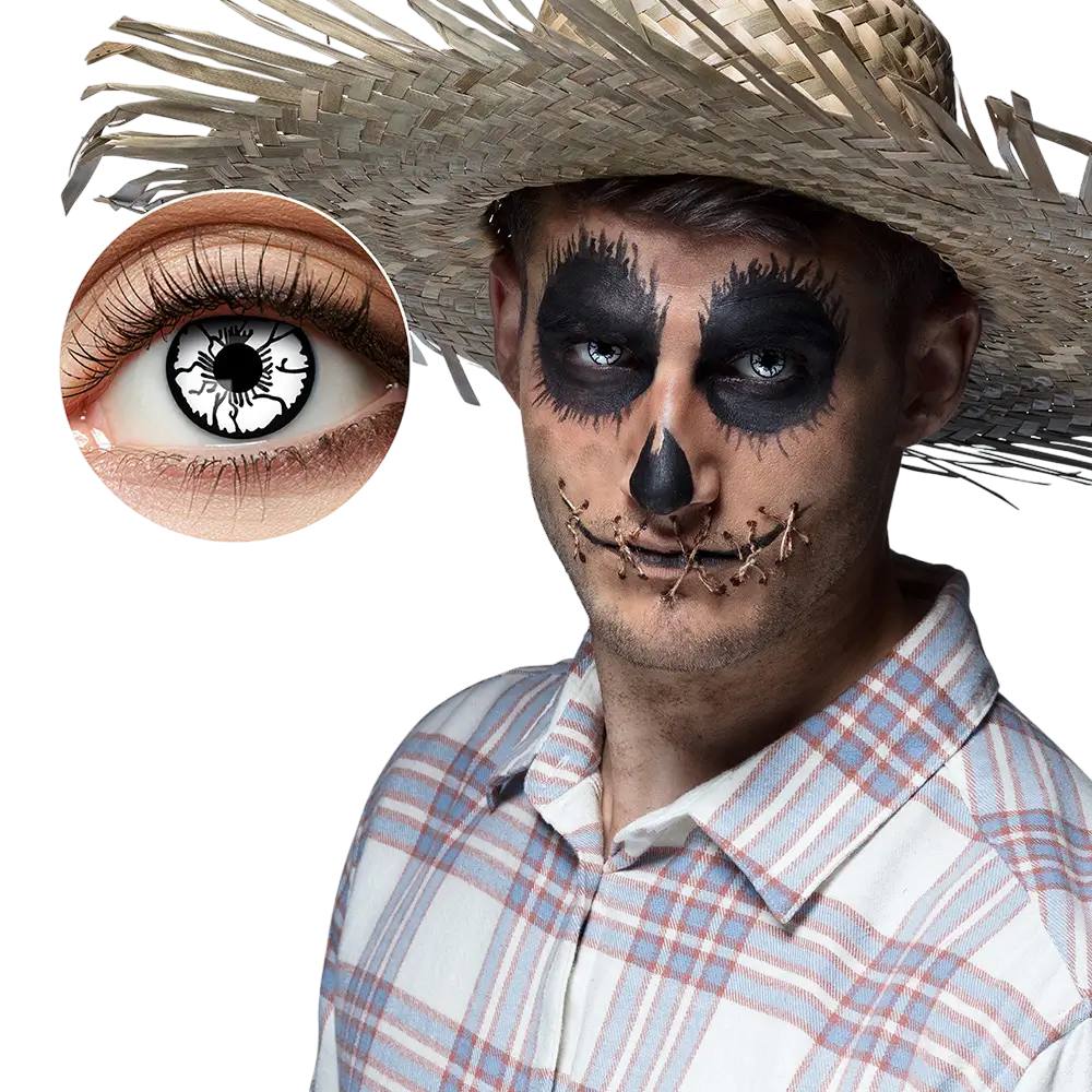 Witte contactlenzen met barstjes – Zwarte vogelverschrikker – Halloween-contactlenzen