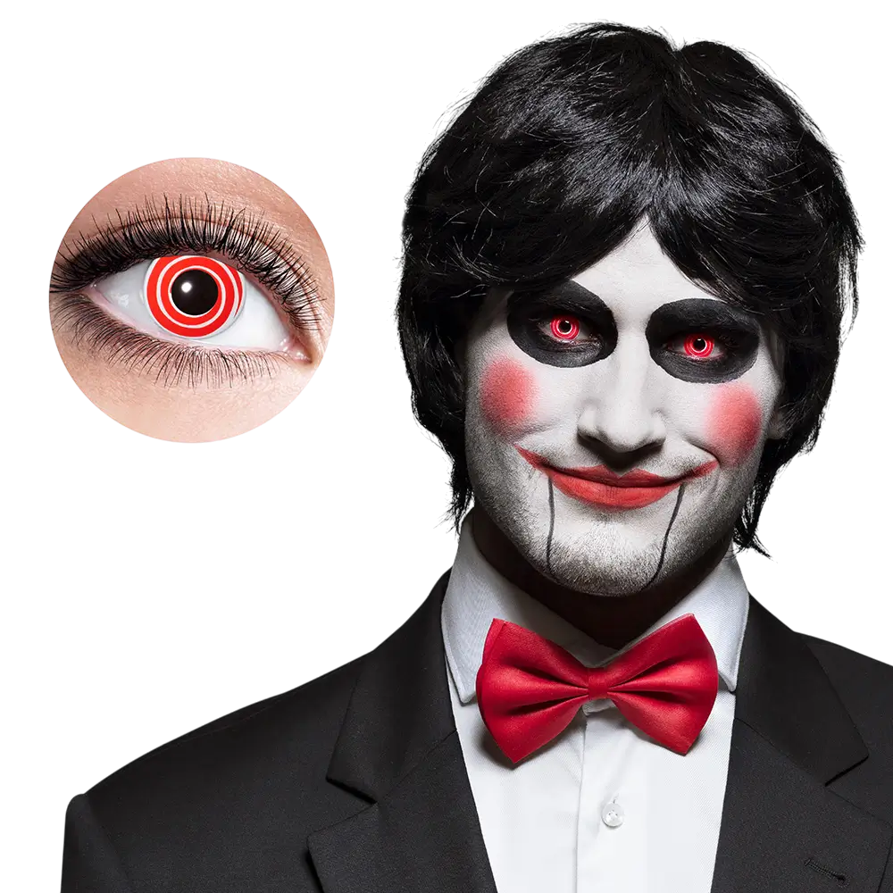 Rode en witte spiraalvormige contactlenzen – Halloween-contactlenzen
