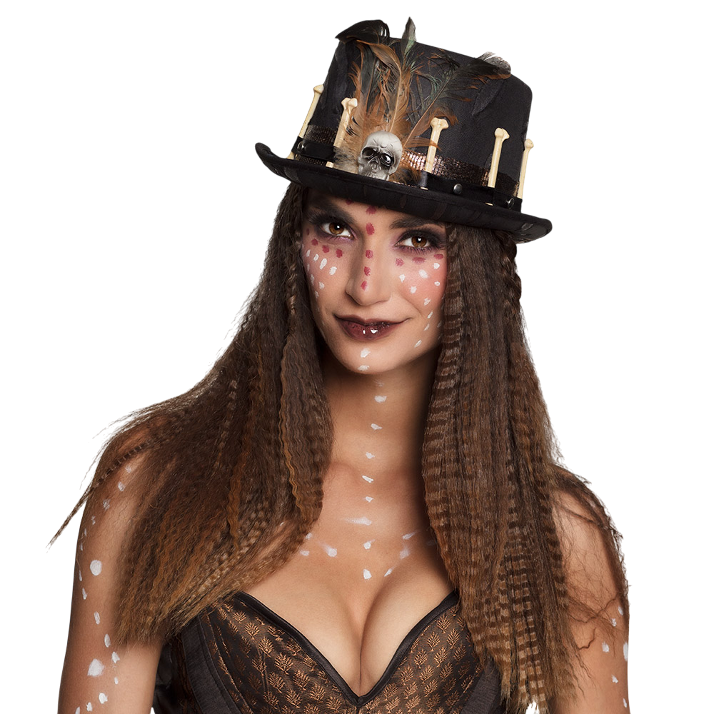 Voodoo-hoed met veren en doodskop – Halloween-kostuum