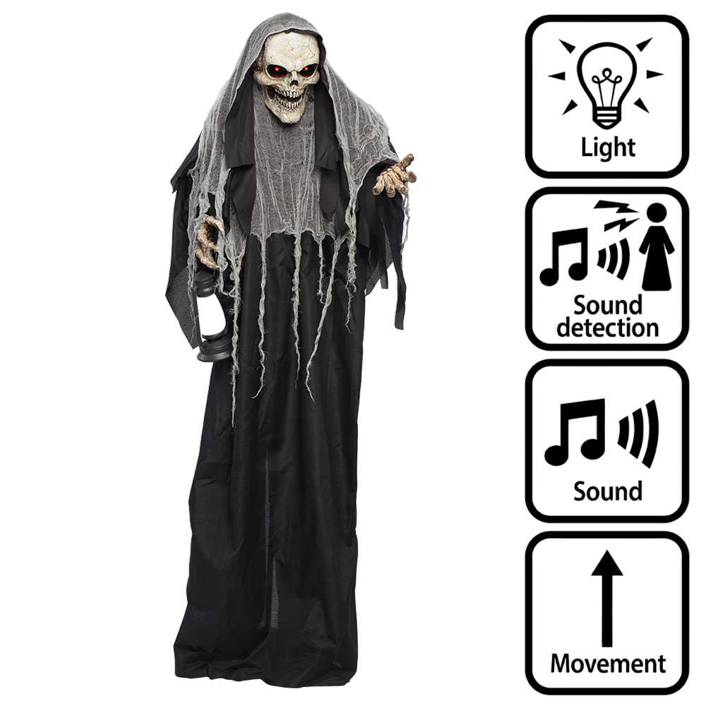 Glanzende, bewegende Maaimachine-pop, 180 cm – Halloween-decoratie