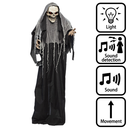 Glanzende, bewegende Maaimachine-pop, 180 cm – Halloween-decoratie