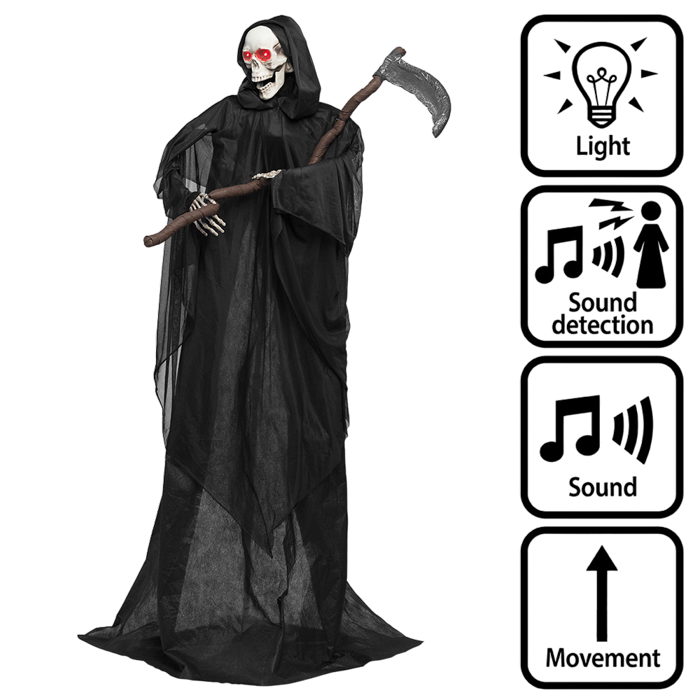 Bewegende skeletpop ‘De Magere Hein’ met zeis, 183 cm – Halloween